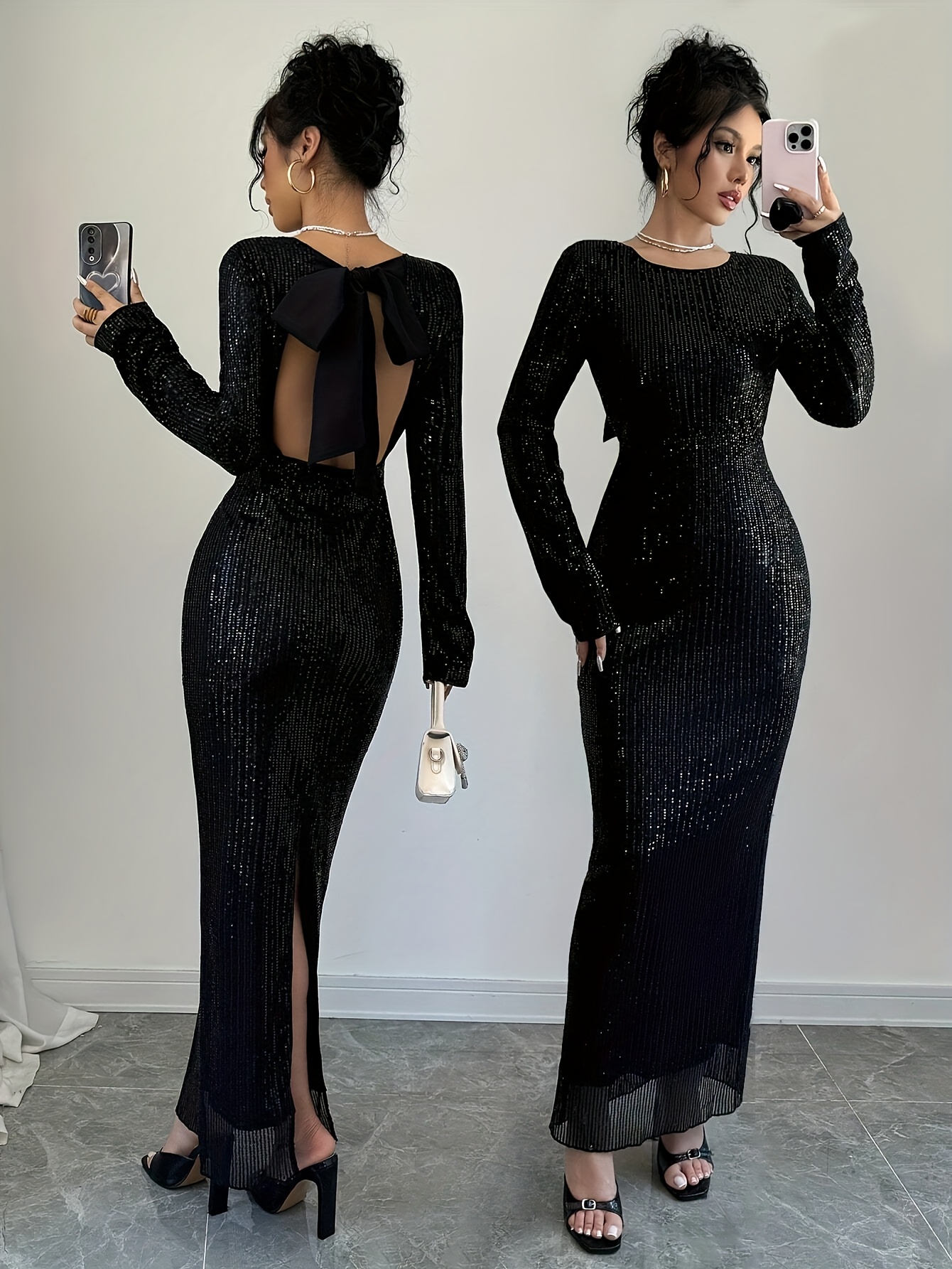 Damen Abendkleid Langärmelig - Figurbetont Mit Wickel-Optik