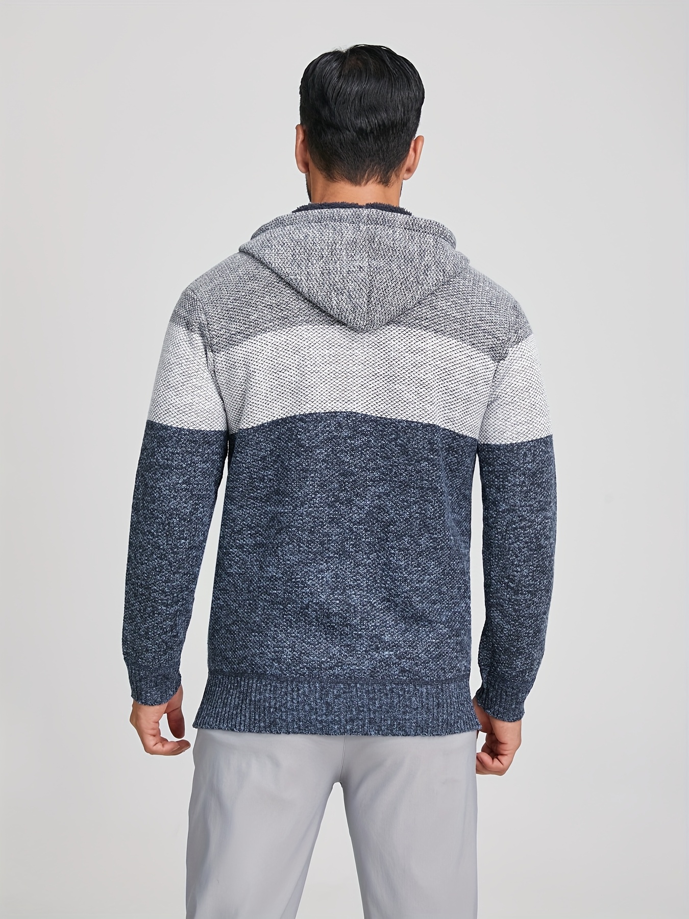 Warm Zip Up Hooded Fleece Jacket Sweater, Men's Casual Slightly Stretch Color Block Cardigan For Fall Winter