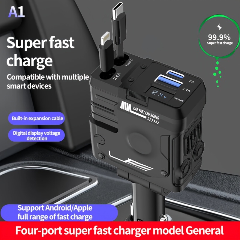 TEMU Chargeur de voiture rétractable - Chargeur de voiture rapide 4-en-1, Accessoires auto Chargeur de voiture rapide de style mécanique, Chargeur de