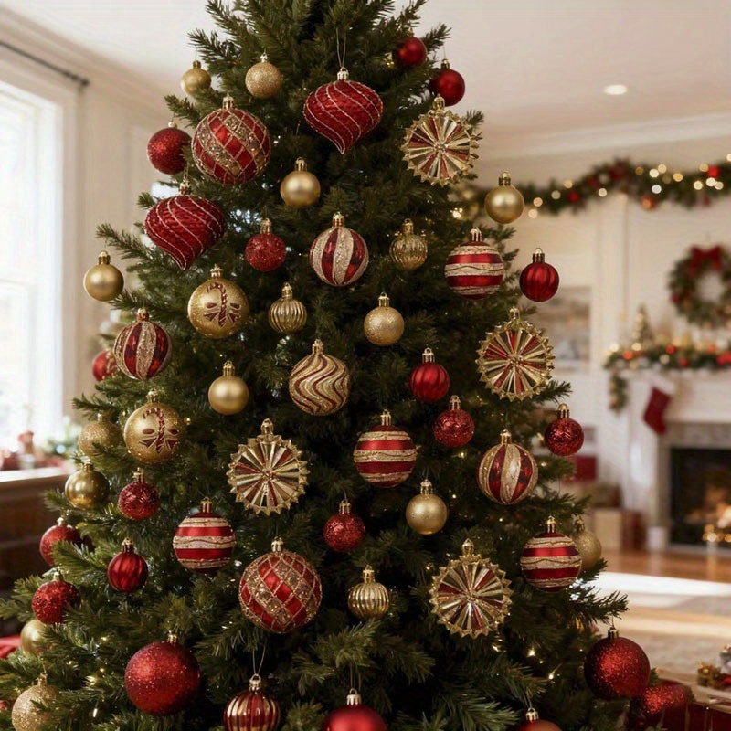 48pcs Irregular Painted Plated Ball Set-8cm/6cm/4cm Mixed Set With Matte Frosted Striped Heart-shaped , Perfect For Christmas Tree, Wedding And New Year Holiday Decorations, Christmas Ornaments