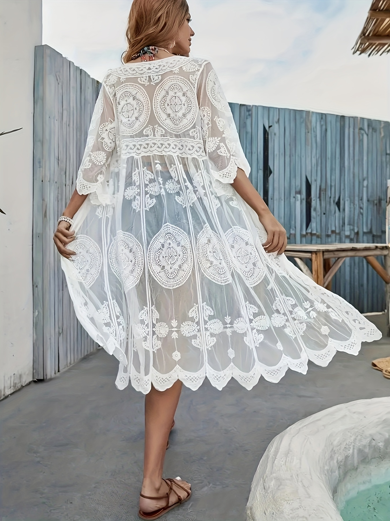 knee length dresses for ladies Women's Long Sleeve White Lace Maxi Kimono Cover Up