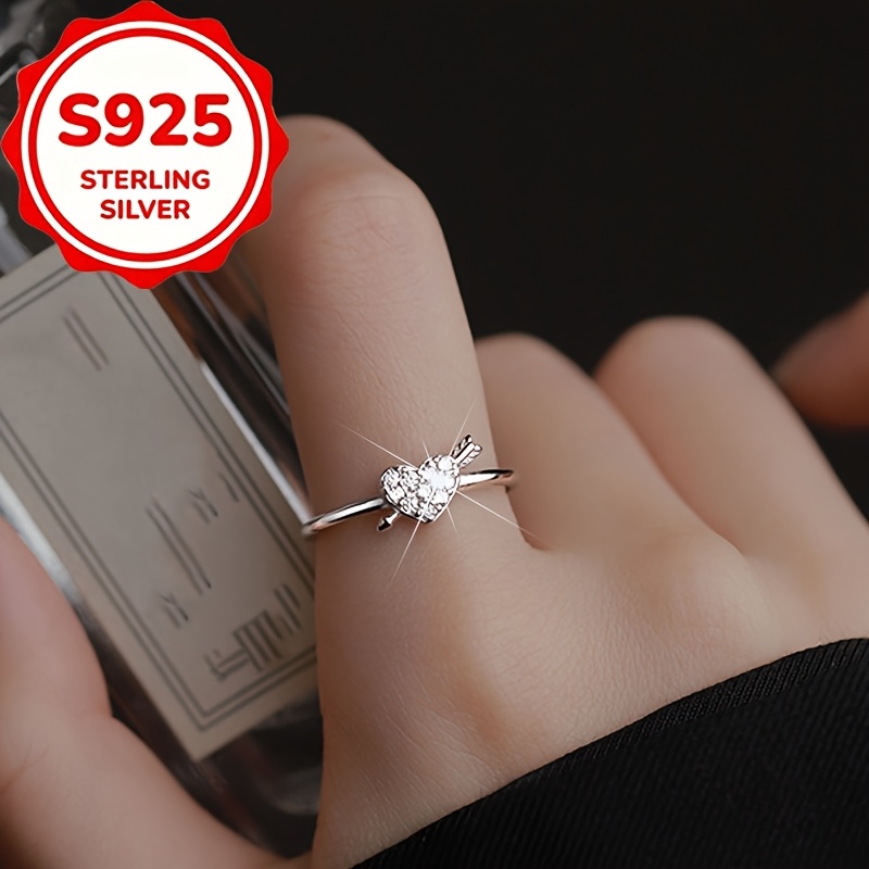 Women's S925 Silver Zirconia Arrow Through Heart Open Ring