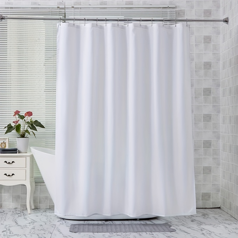 

Waterproof Peva Shower Curtain In Solid Color With Metal Grommets And White Hooks - Machine Washable, Bathroom Decor