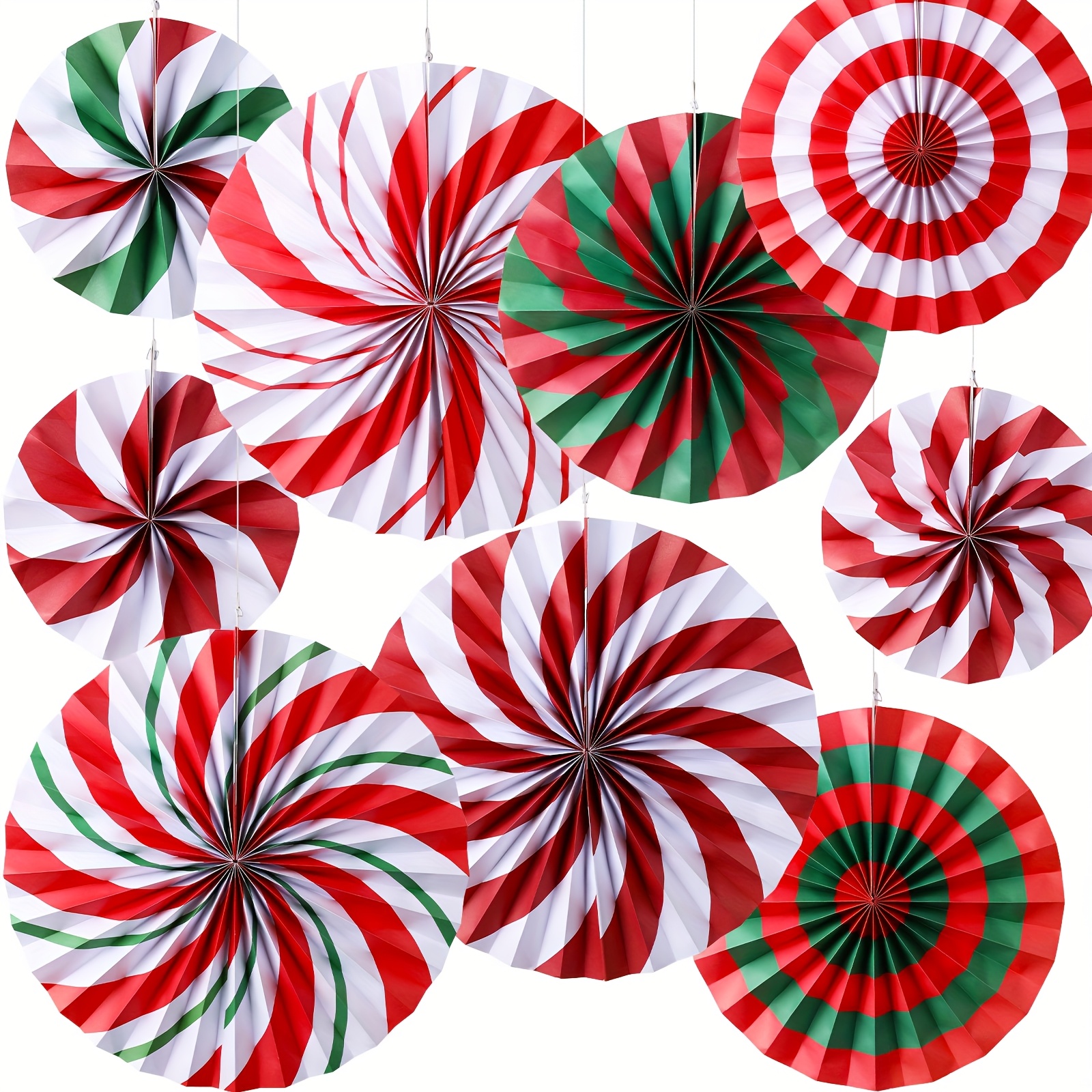 TEMU Christmas Hanging Decorations Candy Paper Fans Peppermint Hanging Paper Fans Candy Cane Ceiling Wall Decor For Christmas Party Classroom Birthday Party (9pcs, Sweet)