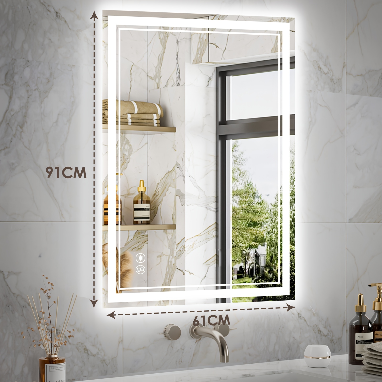61cmx91cm Led Bathroom Mirror, Adjustable Brightness, Three-color Backlight, , Memory Function, Backlit Bathroom Mirror, Horizontal/vertical, Touch Switch, Wall-mounted, Backlight And Front Light
