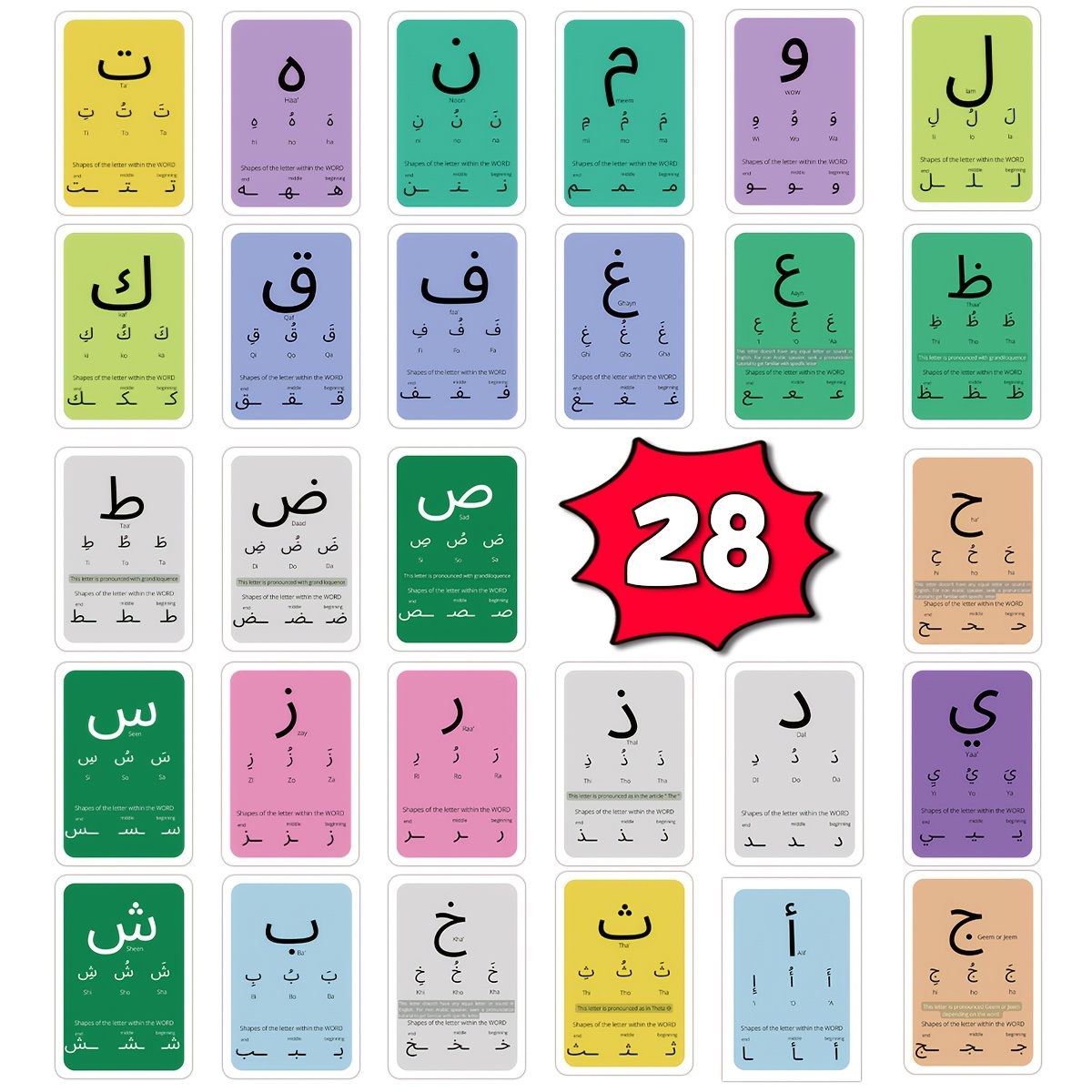 Image of 28pcs Office Arabic Alphabet Cards-vibrant Educational Flashcards With Letter Shapes, Pronunciation Guide, For Beginner, Language, Office Decor Cards, Ramadan Cultural Enrichment Cards