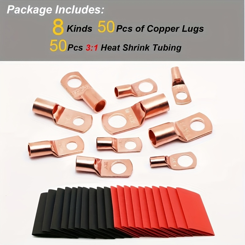 Image of [100pcs Battery Cable Lugs] 100pcs Battery Cable Lug Kit - Non-insulated Crimp Terminals With 50 Heat Shrink Tubing For Electrical Splices, 0-36v