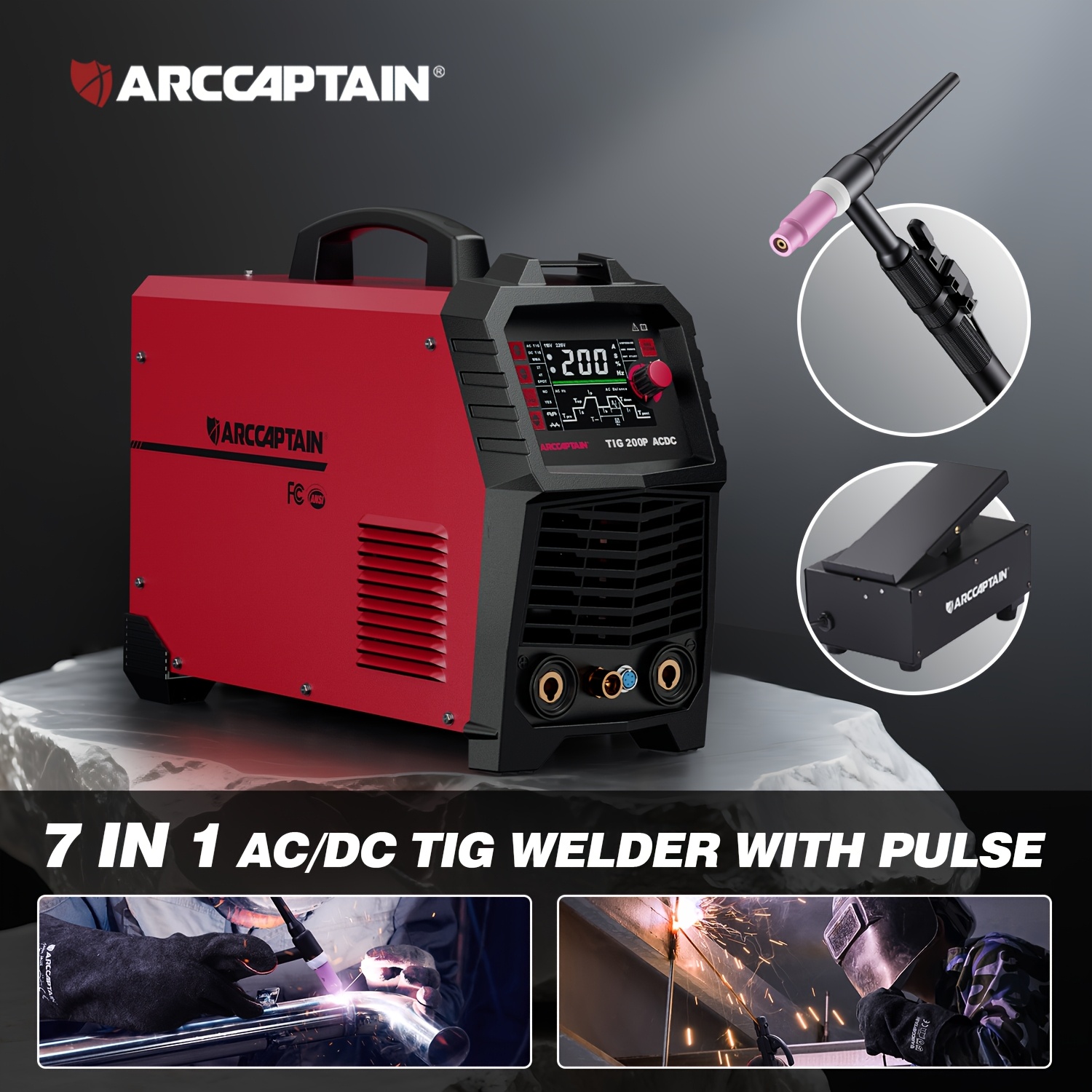 ARCCAPTAIN TIG 200A AC/DC Pulse Welder, 7-in-1 Multi-Process For Aluminum, Steel, And Stainless With Square/Triangular Wave, 110/220V