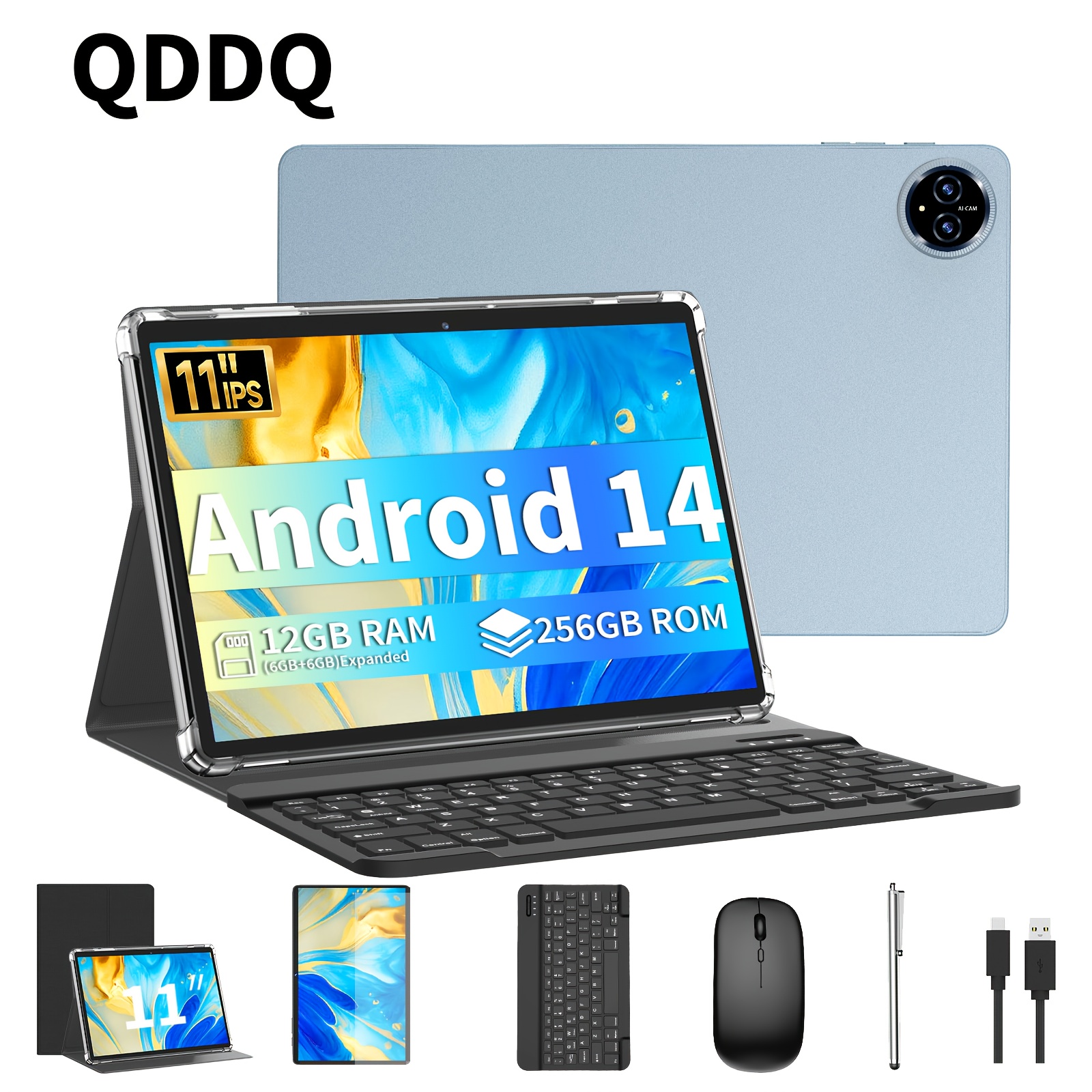 QDDQ Android Tablet, 11 Inch, 256GB Storage, 12GB(6GB+6GB Expanded) For RAM, Supports Expansion Of 1TB (TF Card Not Included), 8000mAh, 5+13MP Dual Camera, FHD IPS Touch Screen Tablet, Face Unlock, WiFi, Type-C (Without Adapter), Tablet Android 14, Pad, 2-in-1 Tablet Pc With FREE Keyboard, Wireless Mouse, Pad Case, Stylus