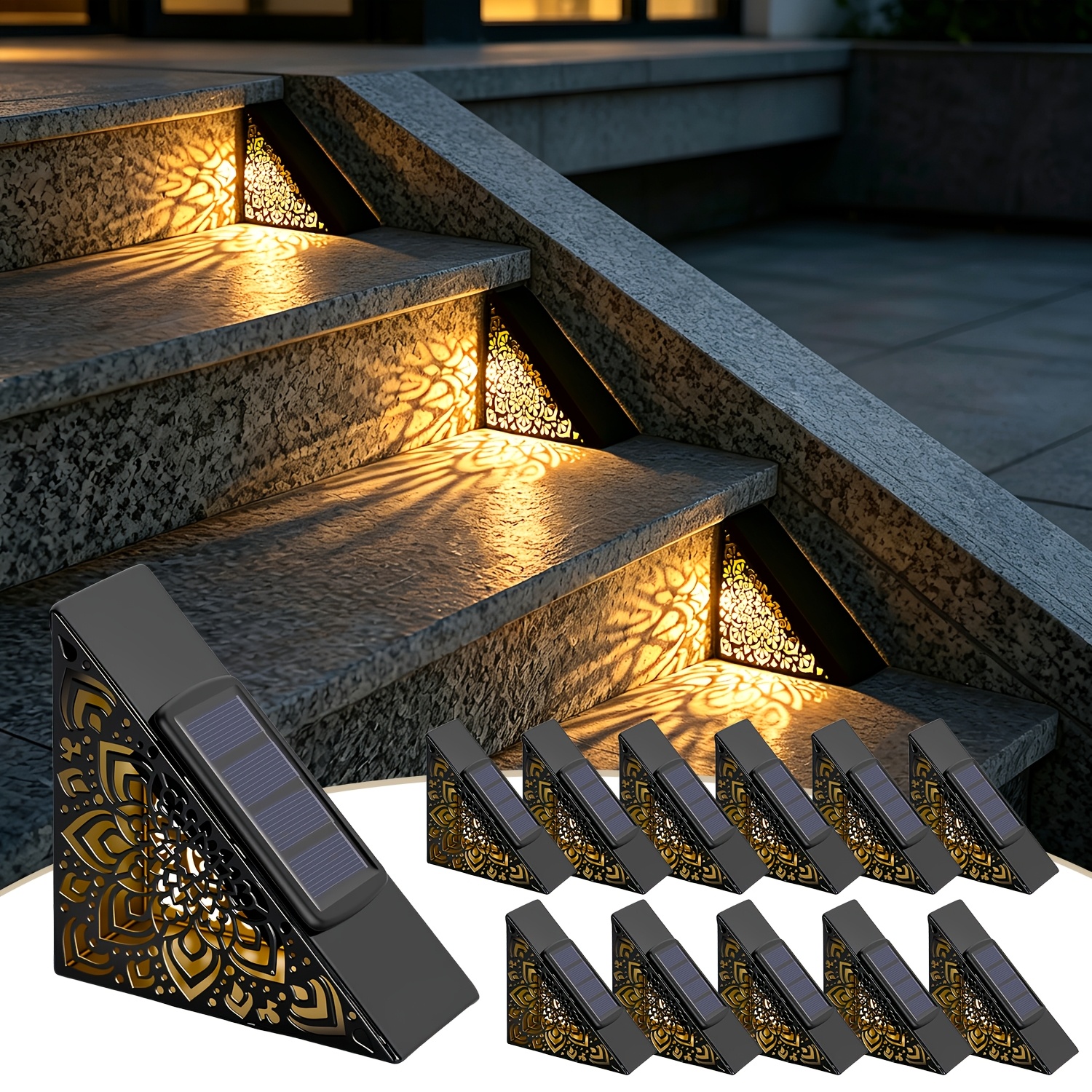 TEMU 12pcs Solar Step Lights Outdoor, Retro Hollow Pattern Led Stair Lights, Non Powered Step Wall Lamp, Warm White Decorative Light For Patio Porch