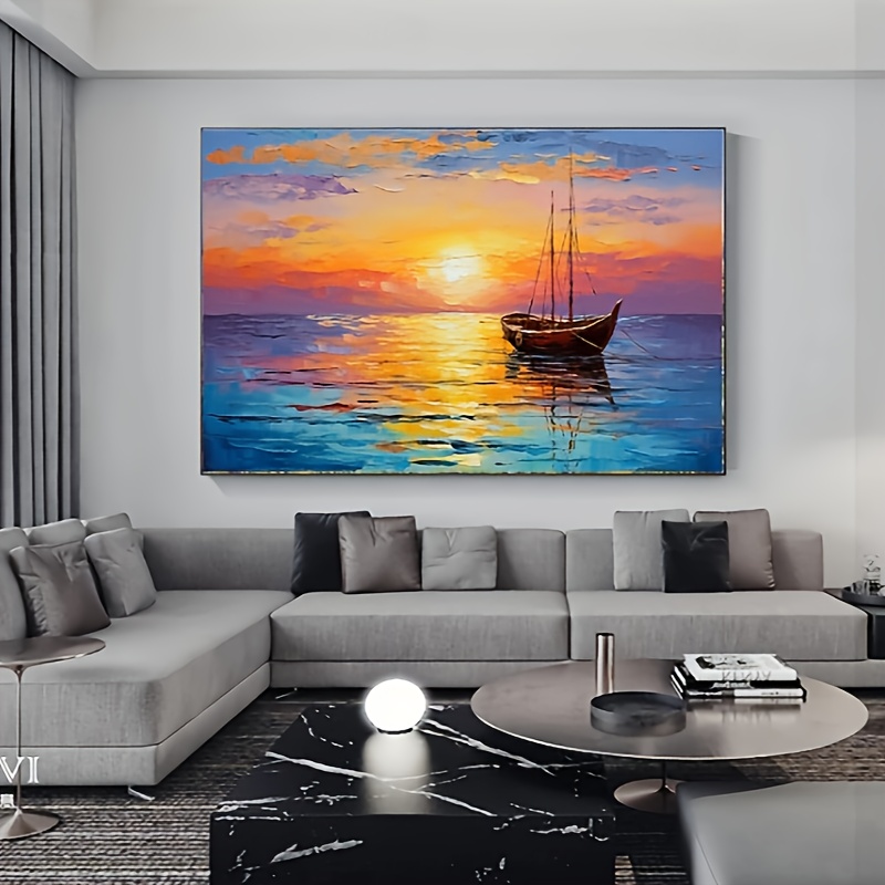 TEMU 2d Flat, Sea Drifting Sailboat Beautiful Yellow Red Blue 100% Hand-painted Oil Painting Original High Quality Wall Art Mural Painted On Canvas