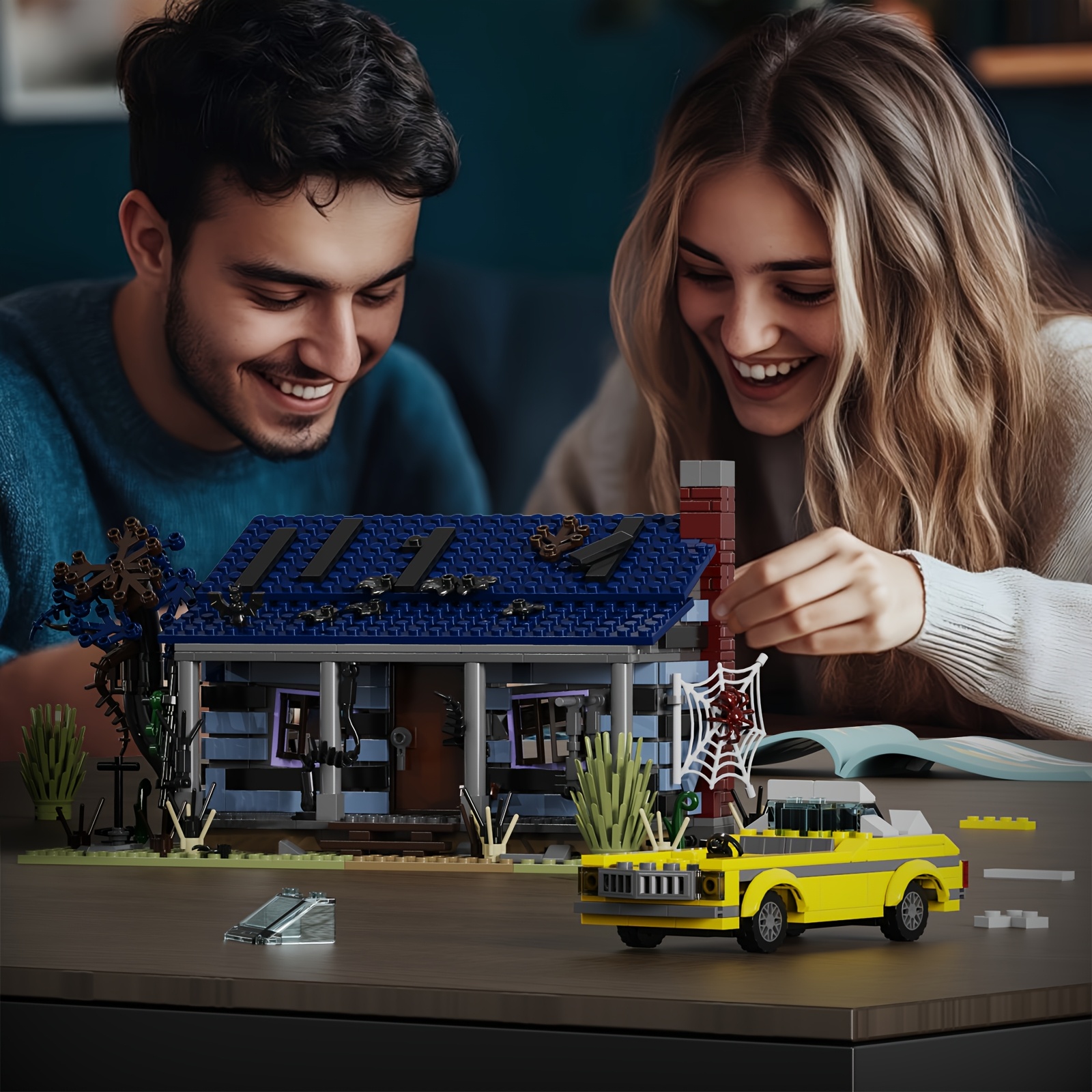 Halloween Popular Horror Movie House Vehicle Combo Block Set Home Decorations Handmade Building Kits ABS Durable Material Compatible With Brands Fan Adult Birthday, Holiday Best Gift 2 In 1 639pcs