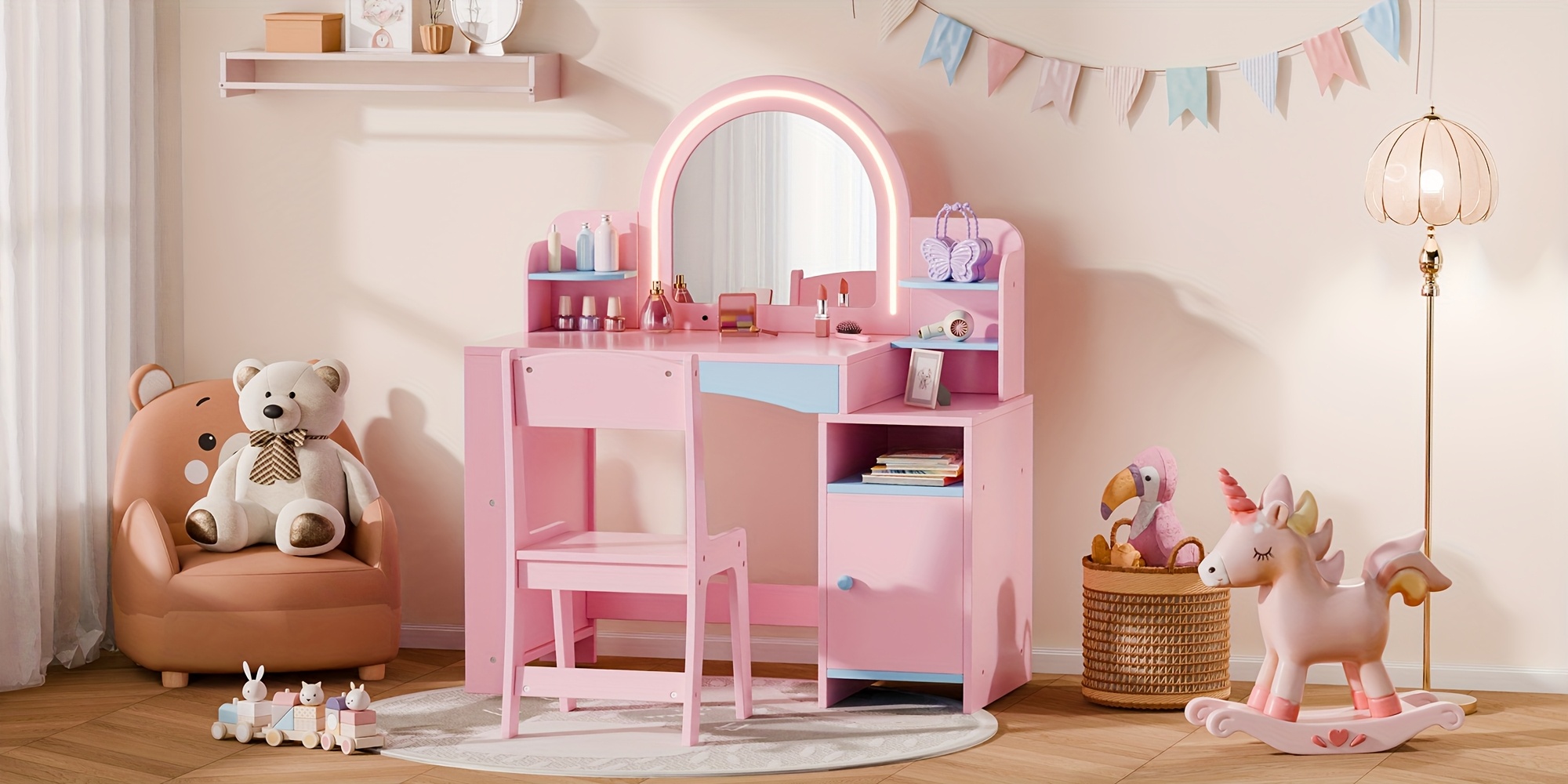 Girls' 2-in-1 Princess Vanity Set with Lighted Mirror (Cool/Warm) - Makeup Desk & Chair with Storage Cabinet, Bookshelf & Shelves, MDF Beauty Table for Toddler Girls Room, Easy Assembly Required - Ideal Kids Furniture Gift for Birth