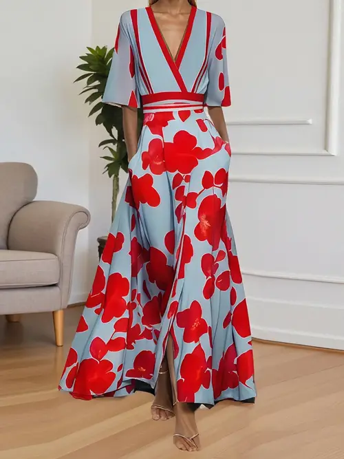 stylish floral print v neck midi dress for women casual summer a line wrap dress with half sleeves belted waist side cocktail parties streetwear