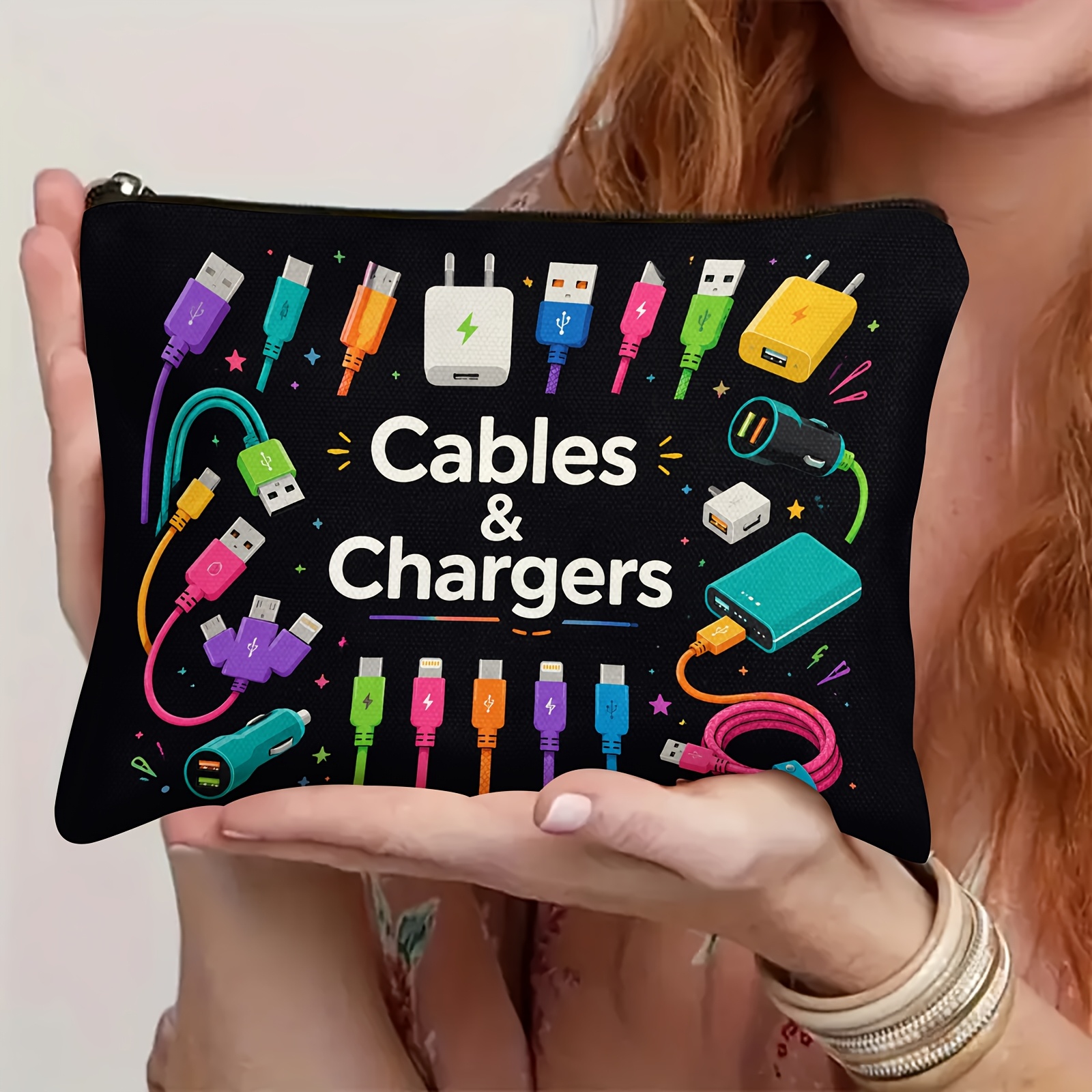 TEMU Trousse à maquillage noire imprimée câble de données et chargeur, un sac de voyage organisateur amusant, un sac de voyage pour chargeur, peut