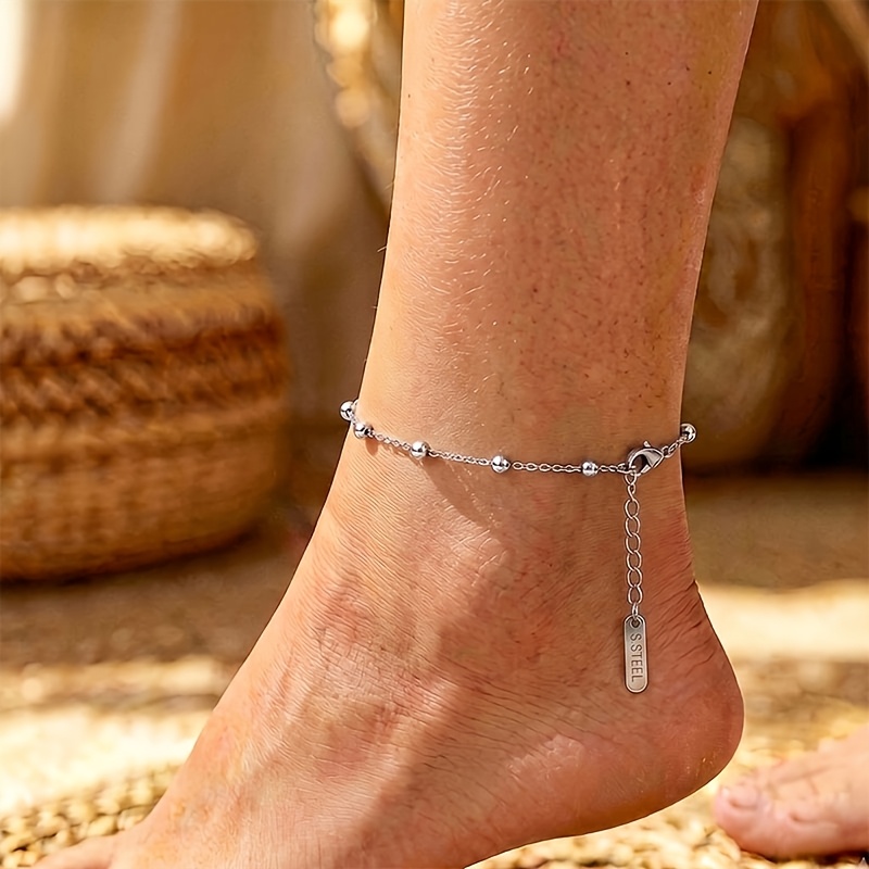 TEMU 1pc Stainless Steel Anklet For Women, Shiny Ball Bead Links, Durable & Washable, Wear-resistant, Fashion Footwear Accessory, Beach , Gift