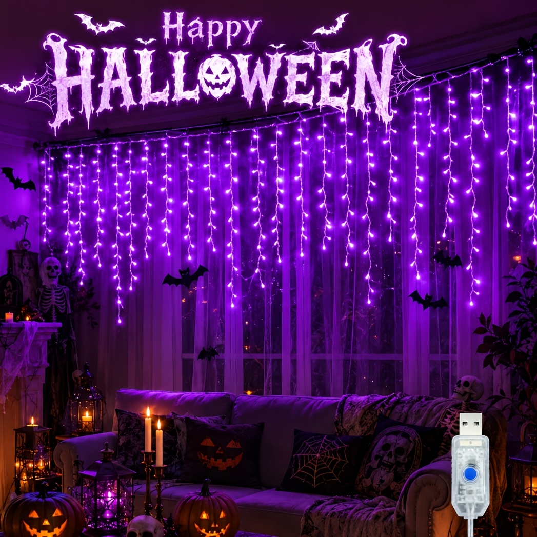 TEMU Indoor Halloween Dekorationen 198/108/49LED Lila USB Eiszapfen Lichterkette, 8 , Weihnachtsdeko Twinkle Fairy Lights, Lichter, Raumdeko,