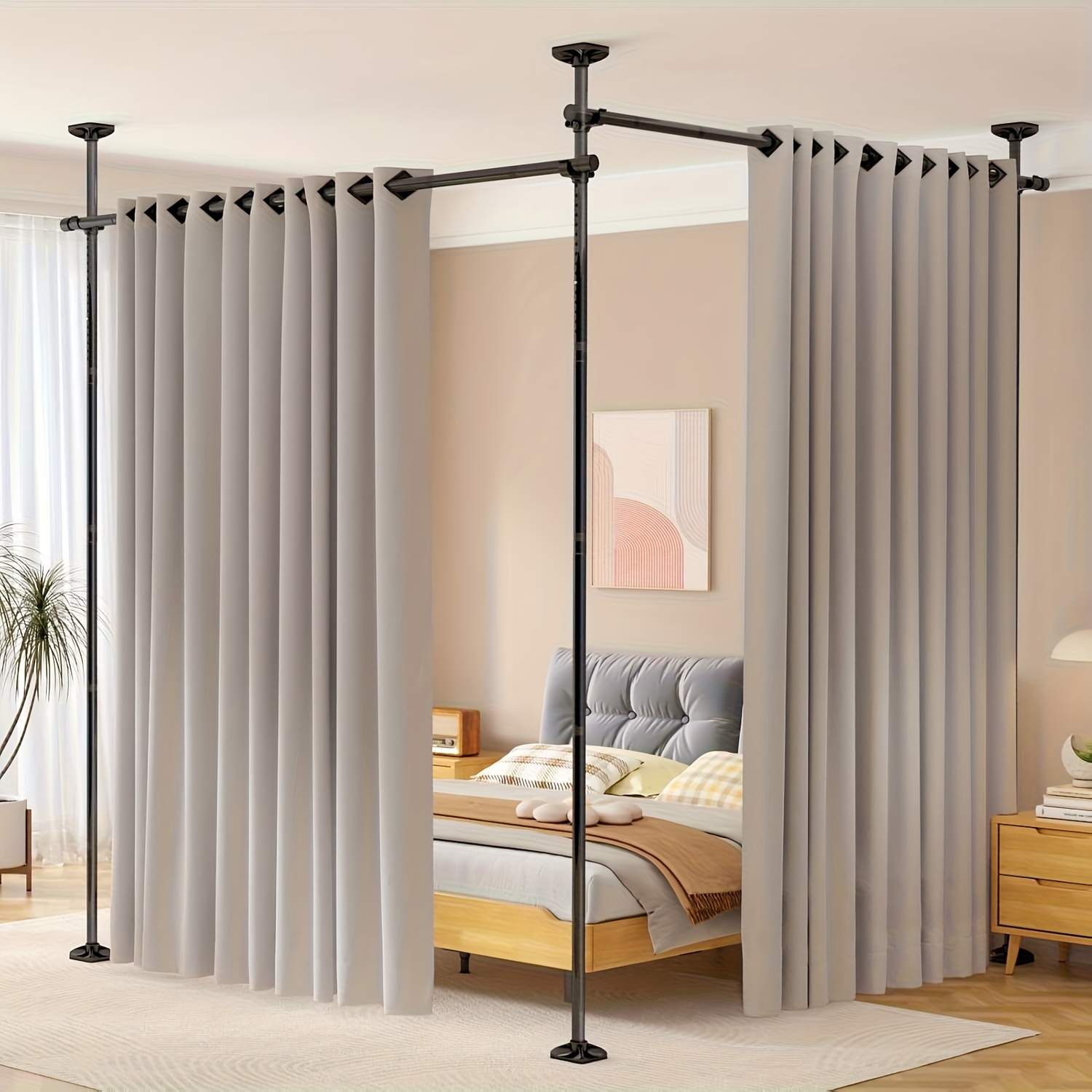 TEMU Adjustable No-drill Room Divider Curtain Rod - Heavy-duty Tension Space Separator For Bedrooms - Self-standing Partition With Black And White