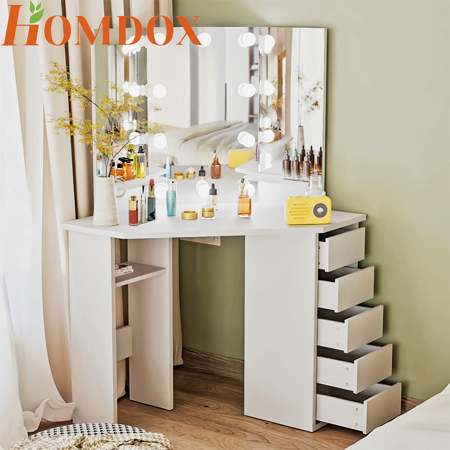 Coiffeuse D'angle Blanche Avec Miroirs LED, Rangements Et Tabouret