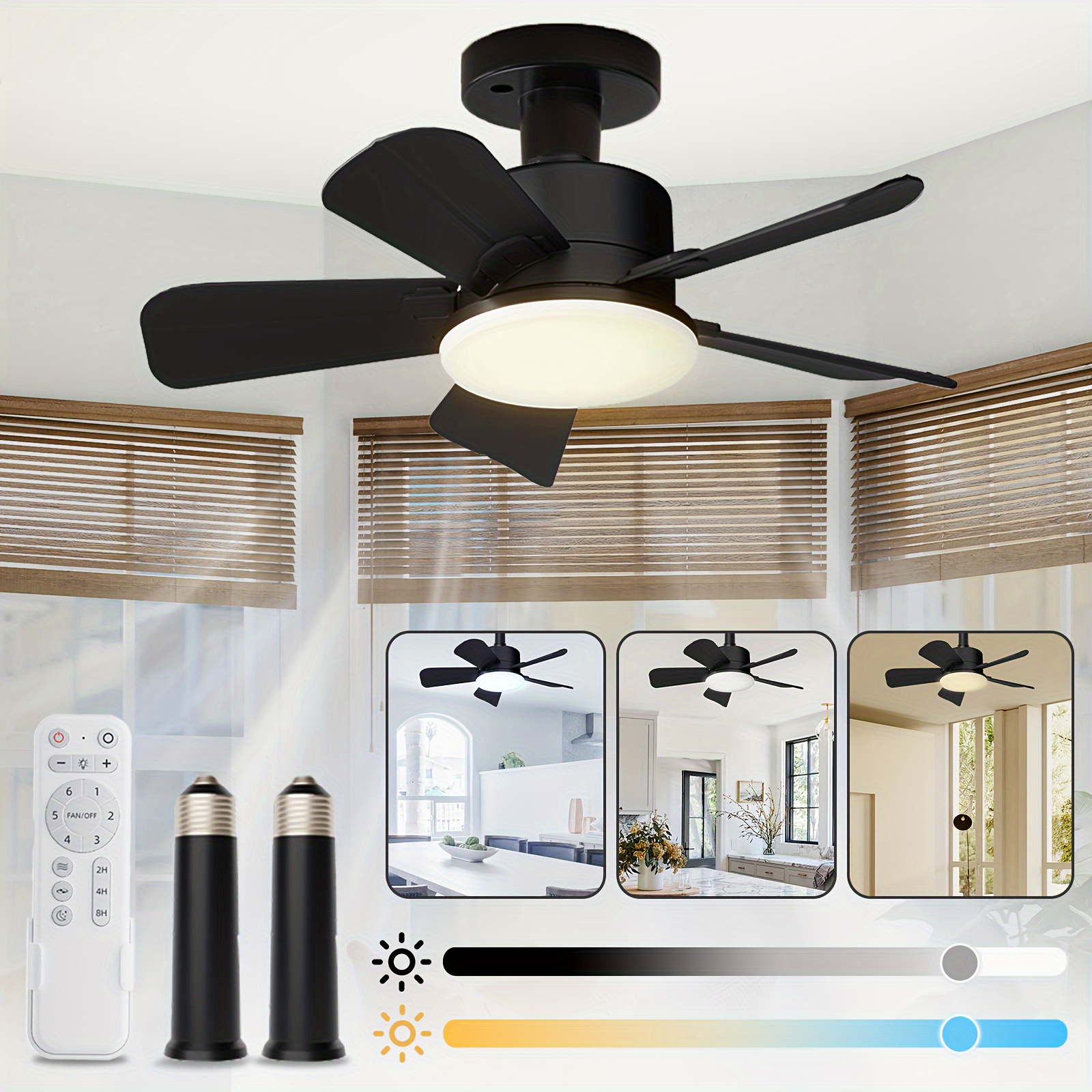 

17" Socket Fan Light With Remote And 2 Socket Extenders, Small Ceiling Fan With Light For Bedroom, Kitchen, Living Room, 6-speeds, 3 Colors 3000k-6500k, 1200lm