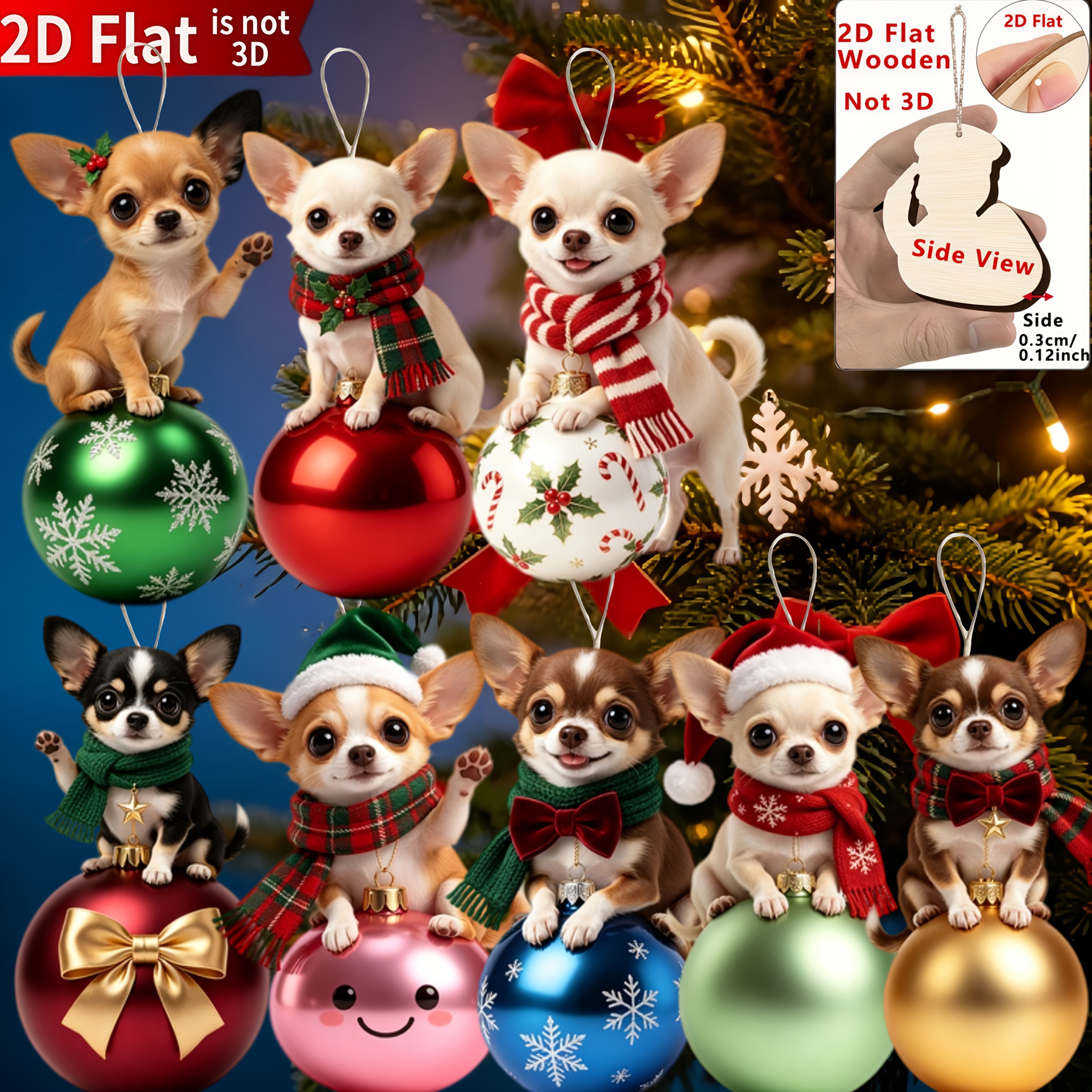 TEMU 2d Flat, 8pcs Handmade Chihuahua-themed Wooden Hanging Ornaments - Artificial Suitable For Christmas Tree Decorations, Chihuahua Dog Garland For