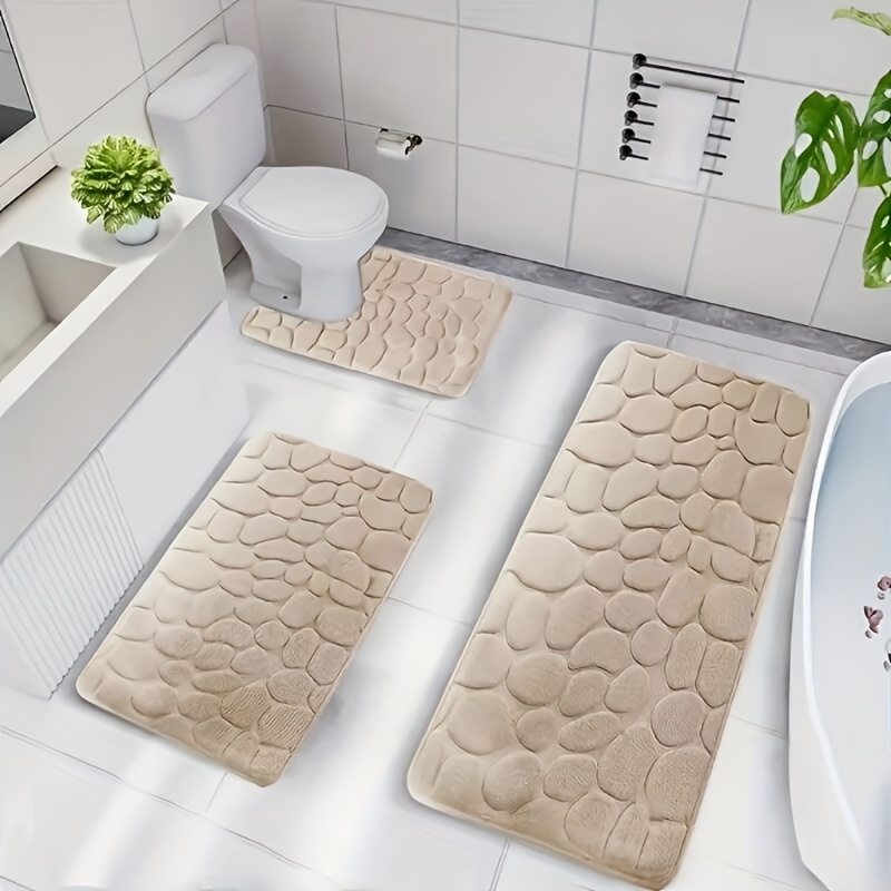 

3pcs Memory Foam Bathroom Rugs Set, Geometric Pebble Embossed, Non-slip, Absorbent Bath Mats, Polyester Knit Fabric, Hand Wash Only, 300gsm, 1.5cm , Home Decor Christmas Gift