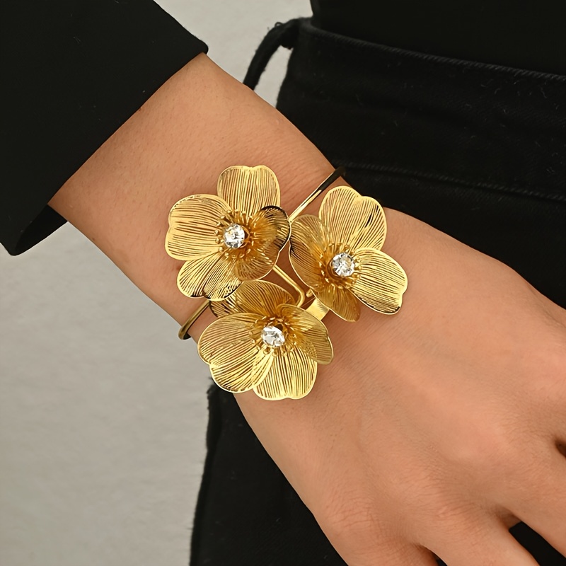 Adjustable Floral Cuff Bracelet with Gemstone Accents