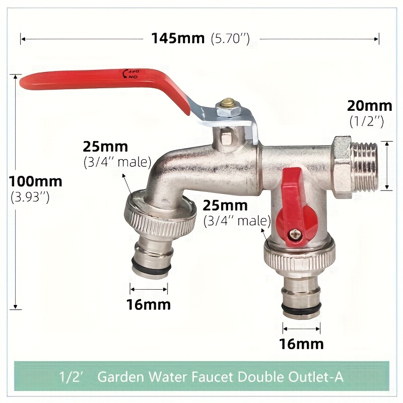 

Contemporary Outdoor Garden Faucet With Double Outlet - 1/2" Metal Ball Valve, Single Hole Mounting, Eu Standard Connector Thread, Includes Multiple Components