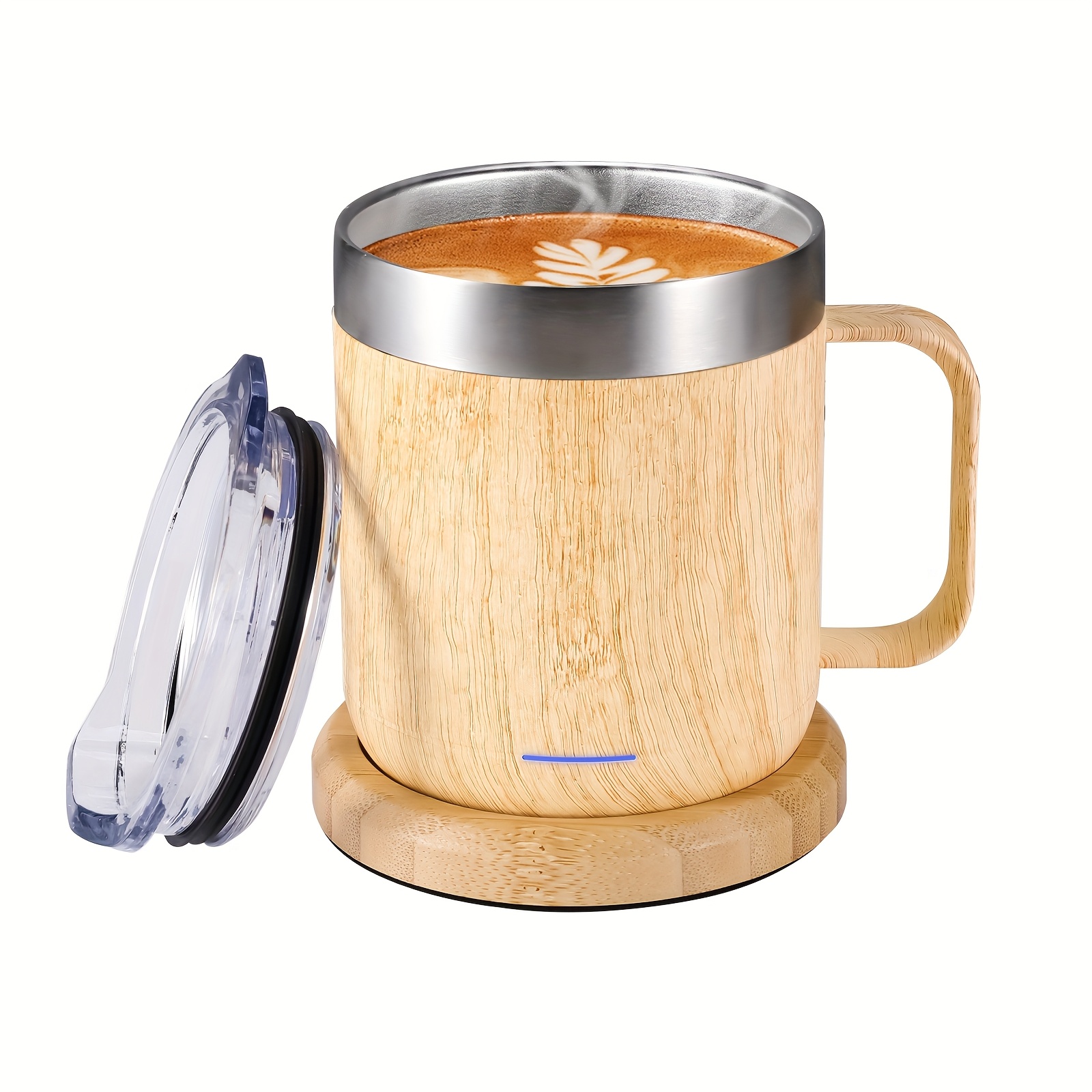 a coffee mug a self heating feature automatically shuts a