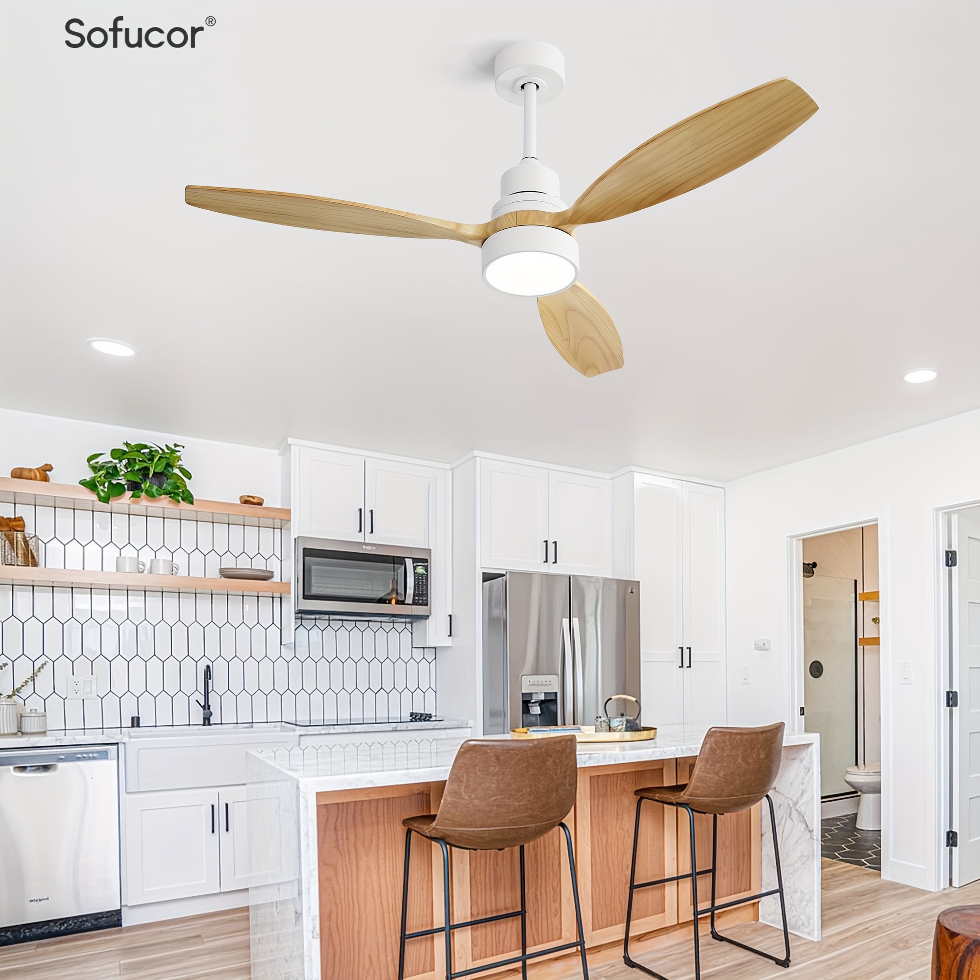 

Sofucor 52" Ceiling Fan With Lights Remote Control, 3 Poles For Indoor Outdoor Ceiling Fan With Remote, Wood Ceiling Fan With 3 Color Temperature, Light Wood & White Downrod