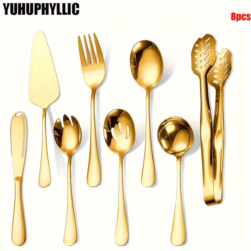 

8-piece Golden Dinnerware Serving Set - Stainless Steel Elegant Cutlery, Includes Spoons, Slotted Spoon, Salad Fork, Serving Fork, Soup Ladle, Pie & Tongs - Round Shape Kitchen Utensils