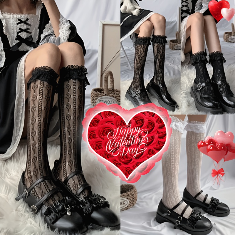 Heart Pattern Lace Calf Socks Jk Ruffle Knee High - Temu