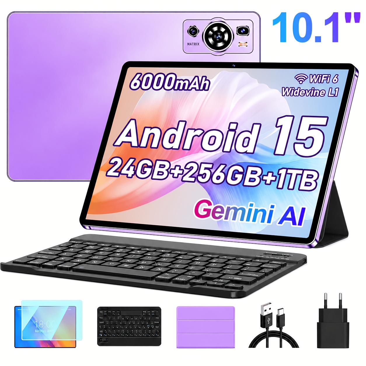 Image of 15 Tablet 10.1-inch, 24gb (8+16) + 256gb Rom, Expandable Up To 1tb, 6000mah Battery, Hd Ips Display, Includes Keyboard, Mouse, And Charging Cable, An For Work And Leisure, Tablet, Pad