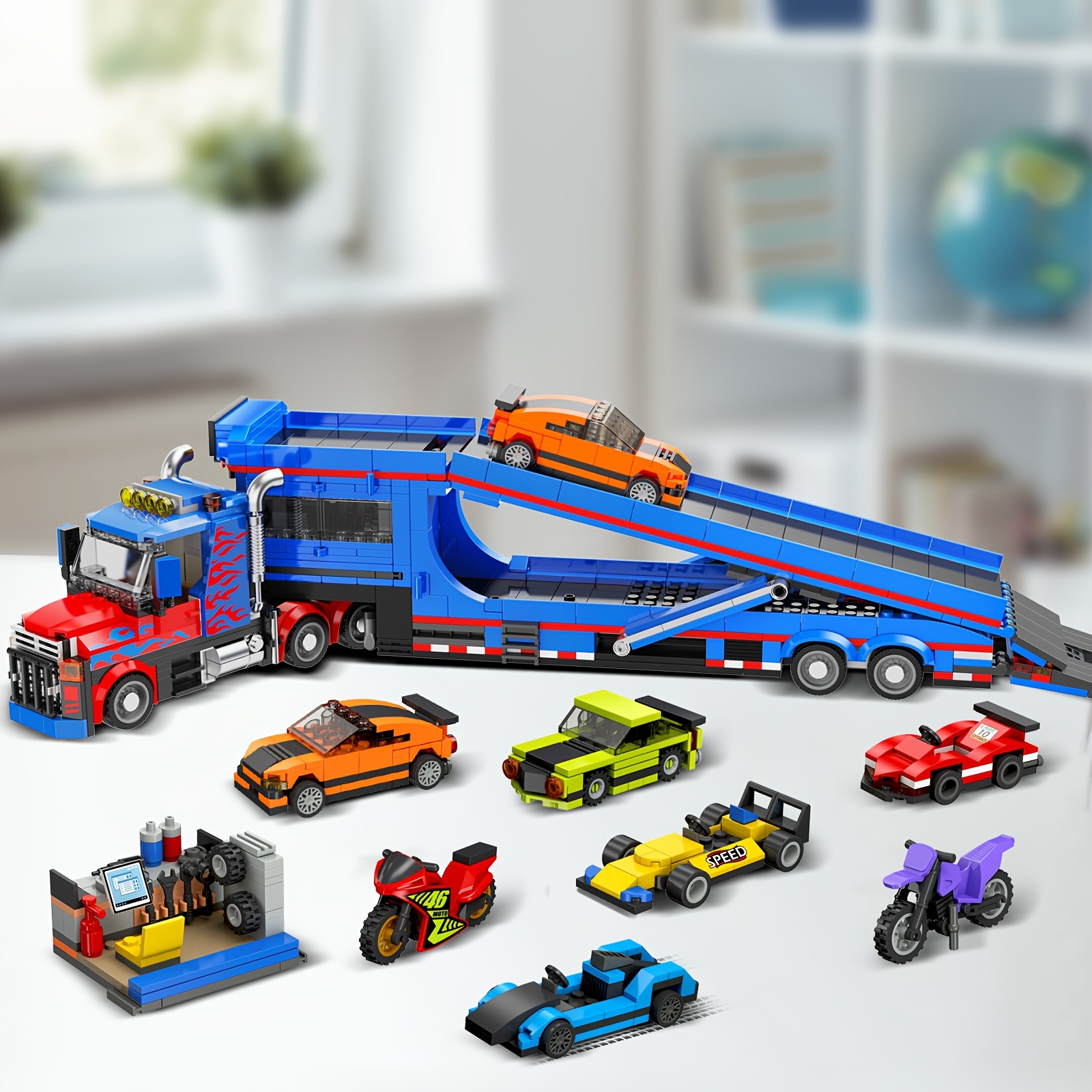 Image of 1050pcs Transporter Truck Building Set With 7 Sports Cars - Adjustable Loading Ramp Tow Truck With Carrier & Trailer Building Block