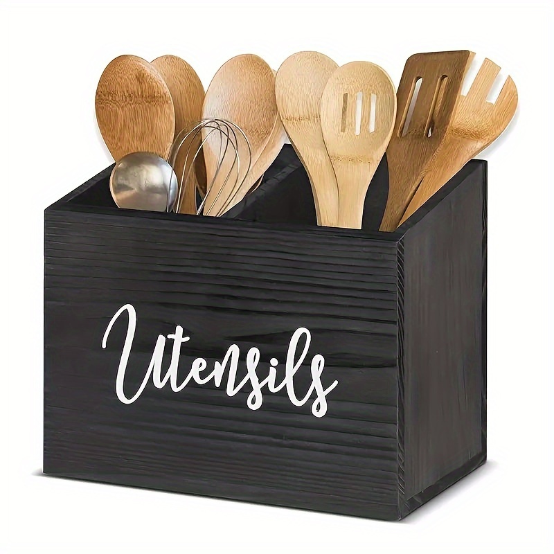 

Wooden Kitchen Utensil Holder Caddy With 2 Compartments - Farmhouse Utensil Organizer For Countertop Storage - Country Style Cutlery And Accessories Bin - No Food Contact