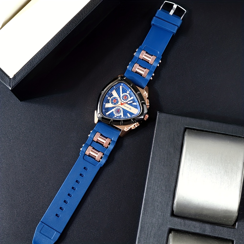 3pcs Set Men'S Quartz Watches with Silicone Strap & Date Display - Classic Triangular Dial, & Golden-Tone Case, Non-Rechargeable Battery, Casual & Sporty Wear