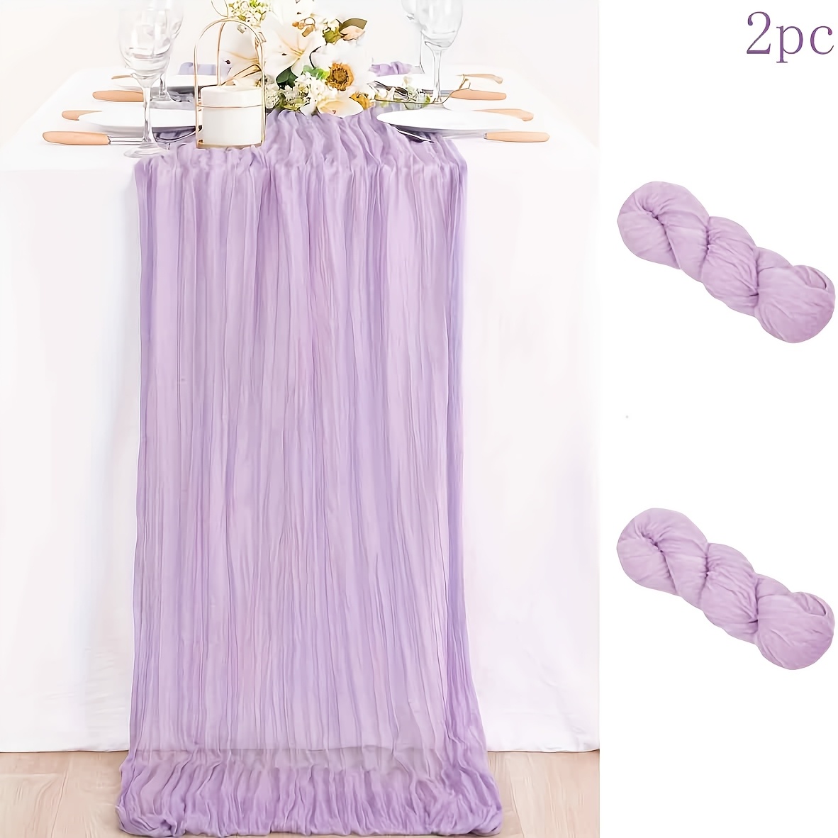 E-shop 2 Stück Lavendel-Käsetuch-Tischläufer - Eleganter langer Boho-Stil, halbtransparentes Polyesterstoff mit gerüschten Kanten, für Hochzeiten,