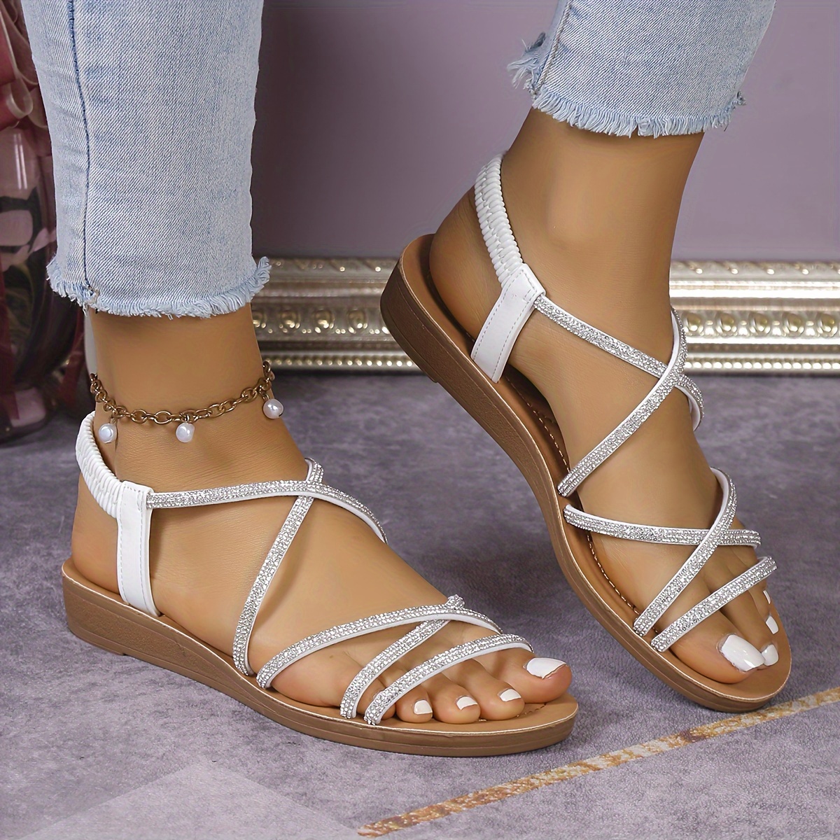 

Women's Summer Fashion Sandals, Cross Strap Rhinestone Embellished, Soft Sole Wedge, Faux Leather Material, Stylish Footwear