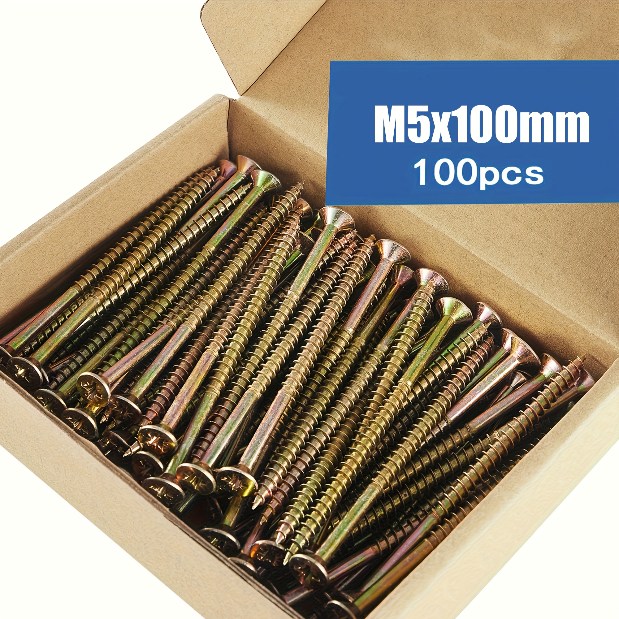 TEMU A Set Of 100 Durable Self-tapping Screws With M5 Flat Heads, Suitable For Drilling, Made Of Galvanized For Wood, Cross-head Countersunk
