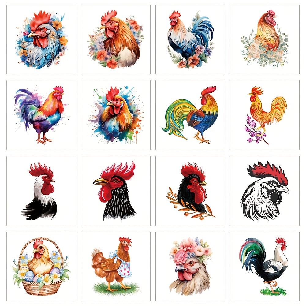 Image of 16 Sheets Temporary Chicken Tattoos, Farm Party Decoration Items, Waterproof And Long-lasting Fake Tattoo Stickers, Body Art, Size: 6x6cm