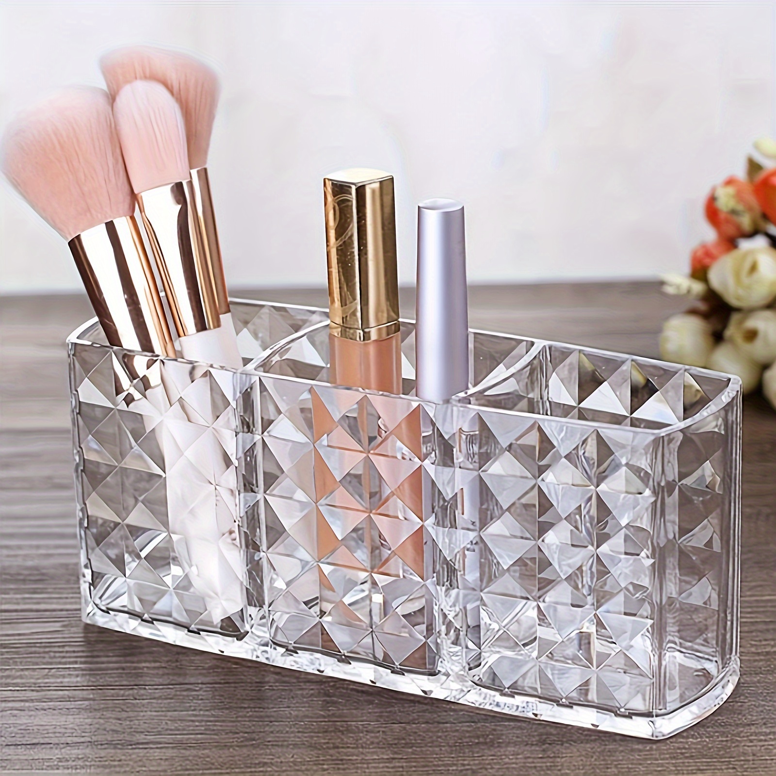 

Plastic Makeup Organizer With 3 Compartments - Freestanding, Lightweight Cosmetic Storage For Brushes, Lipsticks, Brow Pencils, And Remote Control - Vanity And Desk Organizer Without Electricity