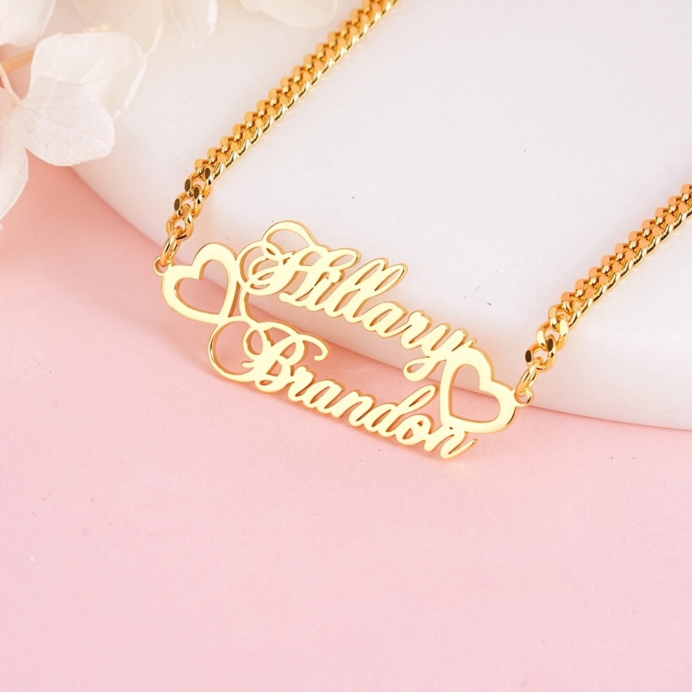 TEMU Customized 4mm Cuban Link Couple Name Necklace, Personalized Romantic Eternal Heart Name Necklace, Stainless Steel Stylish Cursive Nameplate