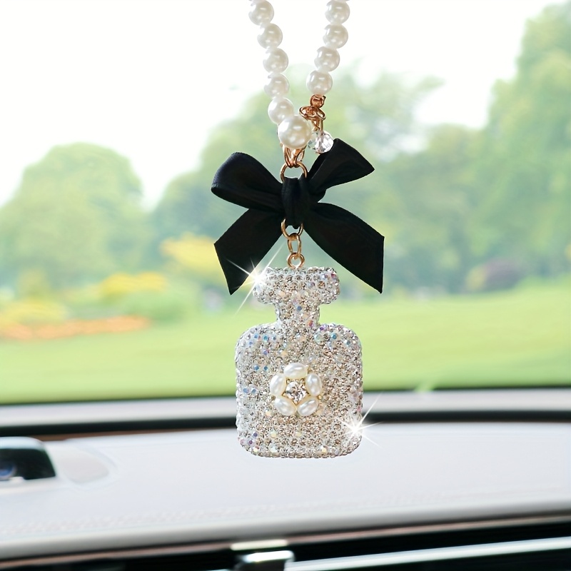 elegant black bow pearl car hanging ornament sparkling crystal perfume     metal   car mirror or keychain ideal gift accessory car mirror decor Product details 0