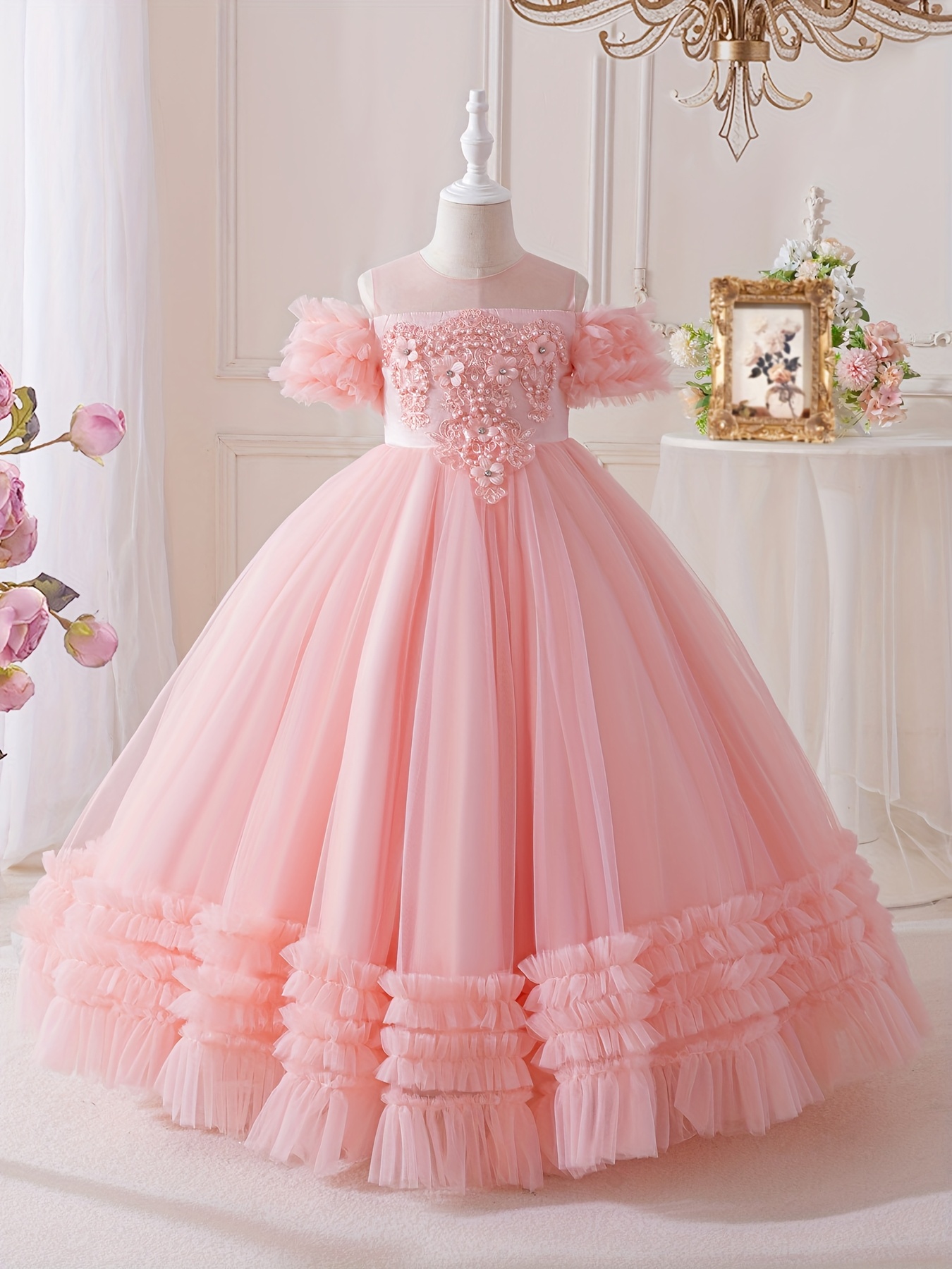 chinese dress ladies Fluffy Off The Shoulder Hot Pink Lace Long Prom Dresses with Slit, Off –  morievent main image 0