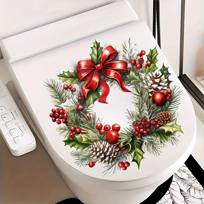 TEMU 1pc Christmas Berry Wreath Toilet Sticker, Self-adhesive Removable, Easy To Apply Disposable, Christmas Home Bathroom Toilet Decoration - Home