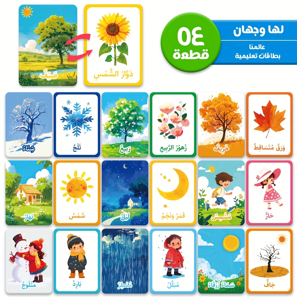 We Have 54 Arabic Study Cards Featuring Various Themes, Adorned with Lovely Cartoon Illustrations on Both Sides. They Provide Foundational Knowledge, Visual Engagement, And Are Perfect for Early Childhood English Education, As Well As Being Great Gifts for Birthdays And Ramadan.