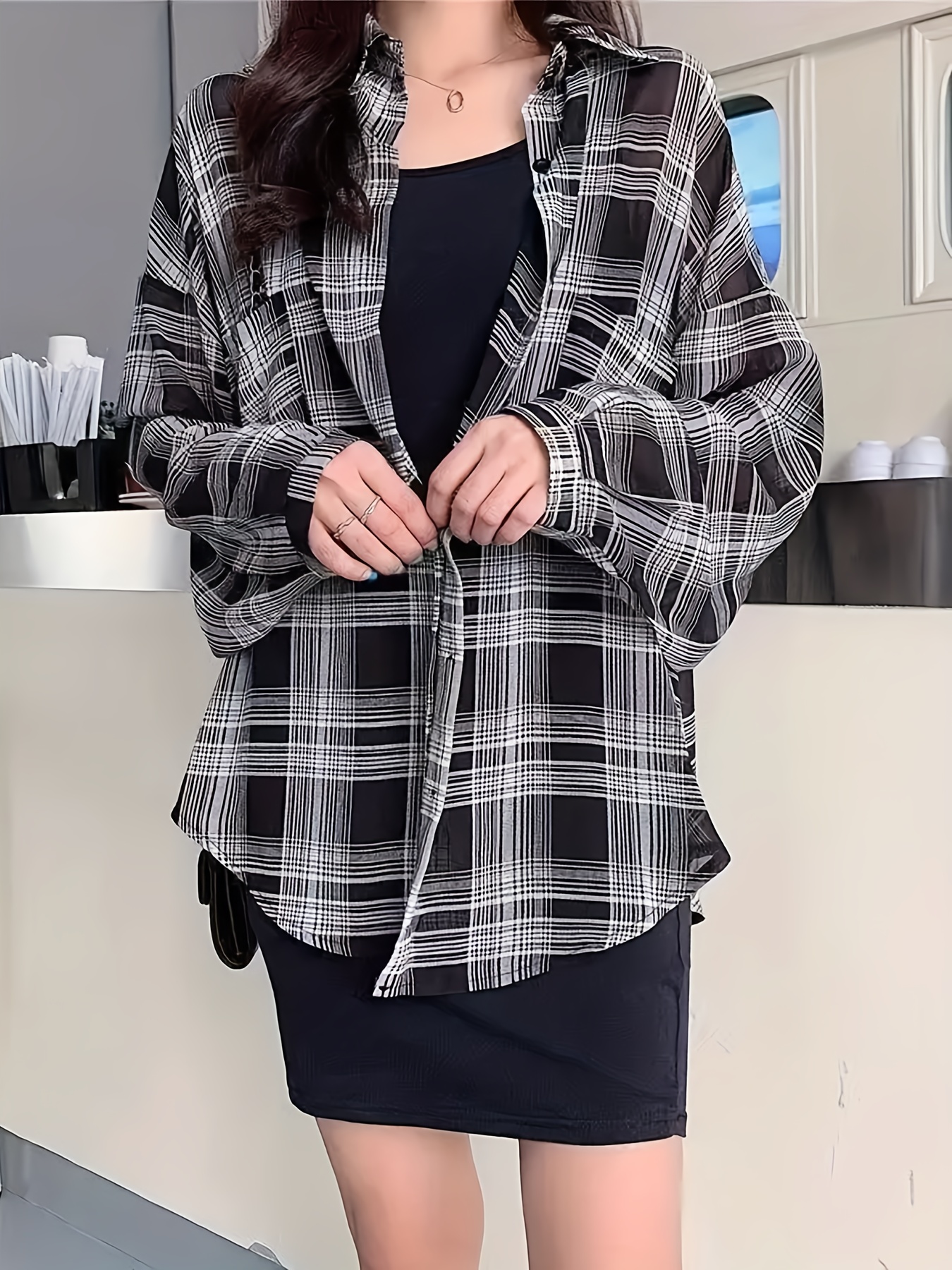 Camisa elegante de larga a cuadros para mujeres Estilo casual,  abertura frontal cuello de un solo pecho