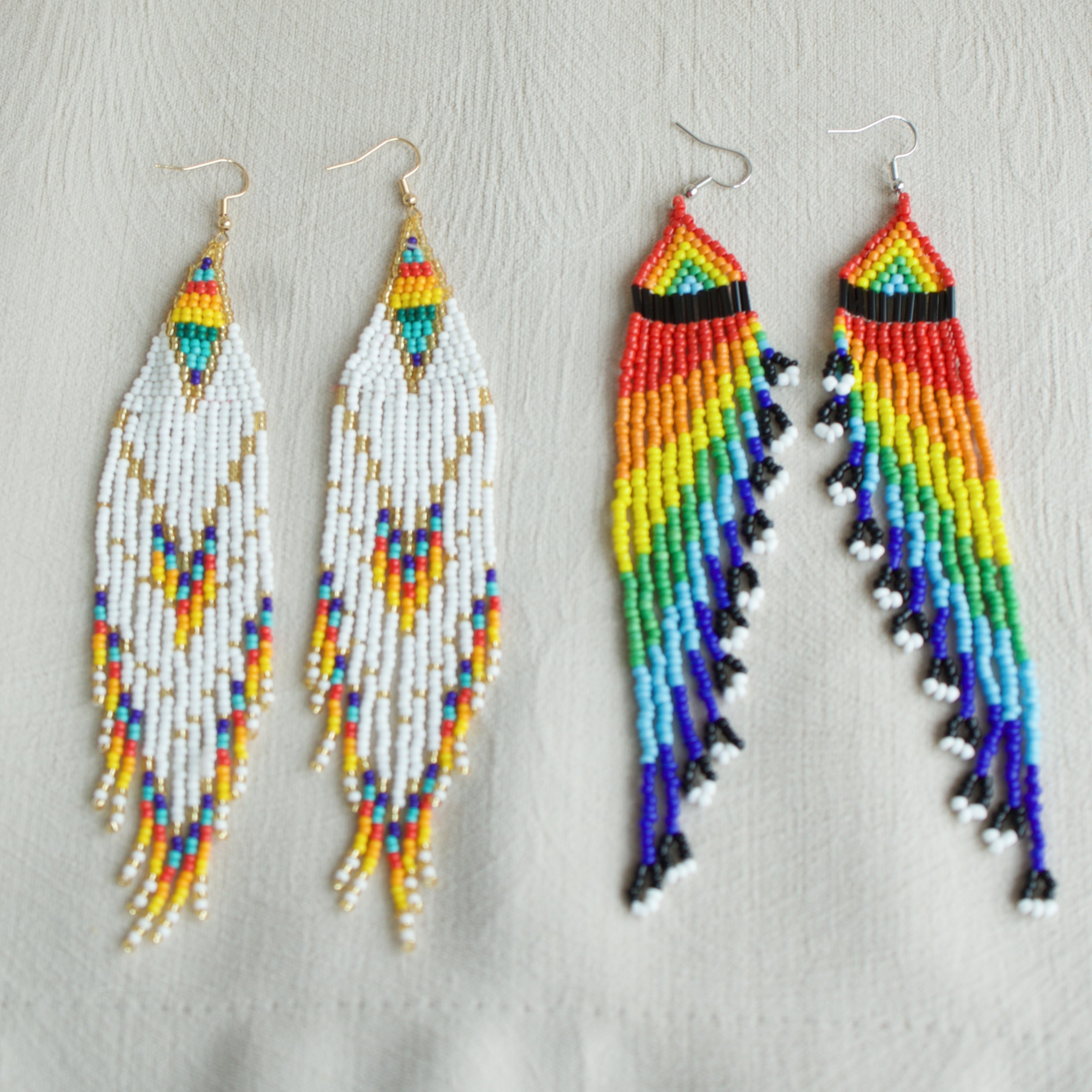 

Boho-chic Handcrafted Beaded Dangle Earrings - 2pc Set, Rainbow Color Block Design With Stainless Steel Hooks For Everyday & Vacation Wear