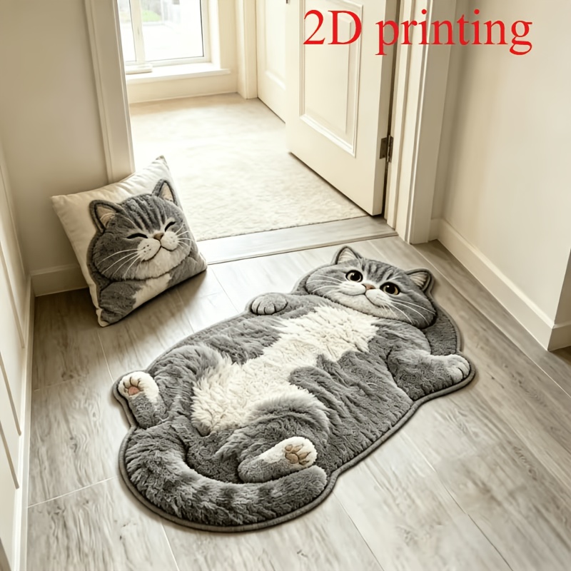 TEMU [hot Molding Bottom Faux Cashmere] 1pc 2d Flat, Gray Blue British Shorthair Kitten-shaped Carpet, Cute And Thickened High-quality , Easy To Care