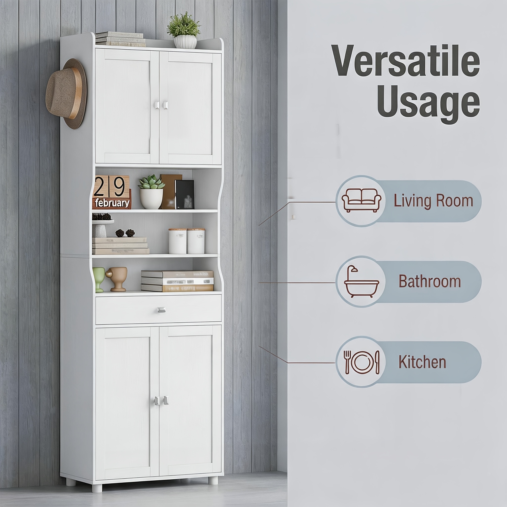 Ultra-thin Bathroom Cabinet, , 1 Drawer, Open Compartments, Adjustable Shelves, Side Hooks, Floor-standing Storage Cabinet, White